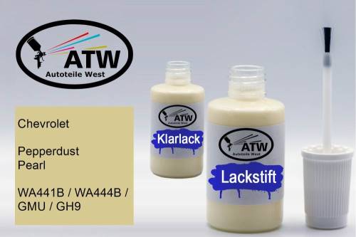 Chevrolet, Pepperdust Pearl, WA441B / WA444B / GMU / GH9: 20ml Lackstift + 20ml Klarlack - Set, von ATW Autoteile West.